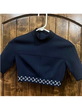Louis Vuitton Navy Cropped Mock Neck Top with Monogram Hem
